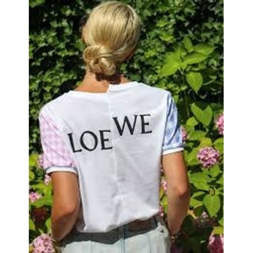 Loewe Gingham Split Logo T-Shirt Blue Pink Check Asymmetrical Top Tee Medium